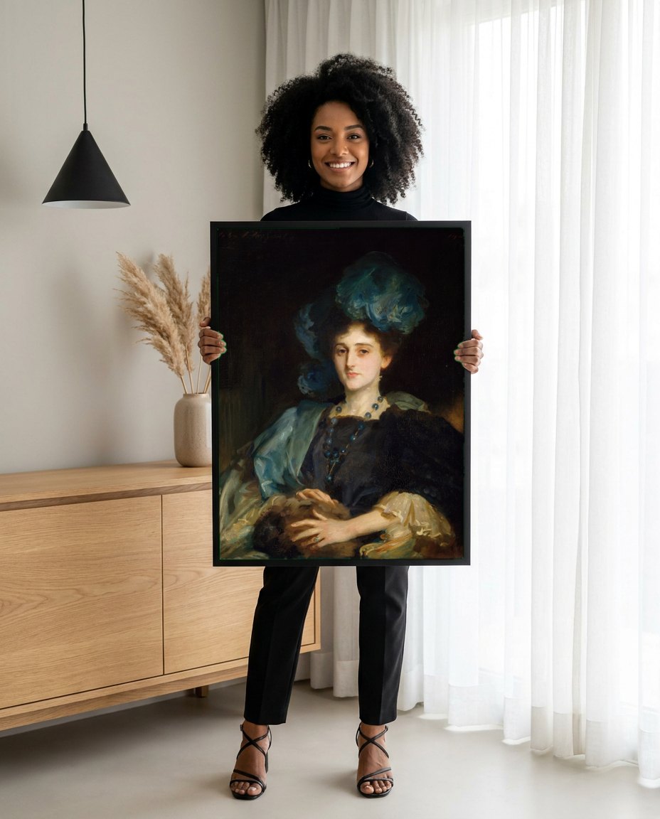 Quadro Decorativo Senhora com Chapéu Azul - John Singer Sargent | modelo apresentando o quadro emoldurado