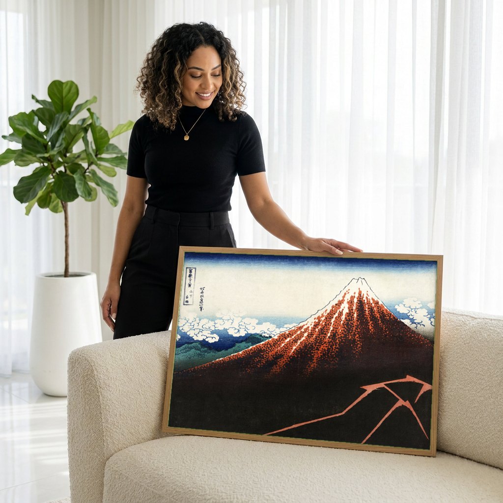 Quadro Decorativo Montanha Vermelha - Hokusai | modelo apresentando o quadro emoldurado