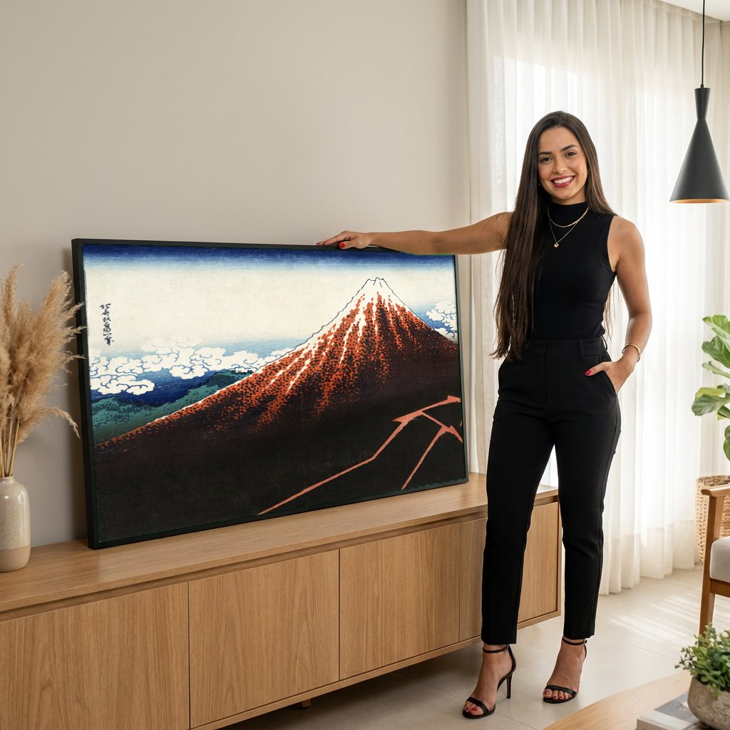 Quadro Decorativo Montanha Vermelha - Hokusai | modelo apresentando o quadro emoldurado