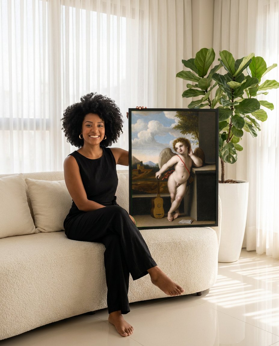 Quadro Decorativo Anjo Querubim com Alaúde - Sassoferrato | modelo apresentando o quadro emoldurado