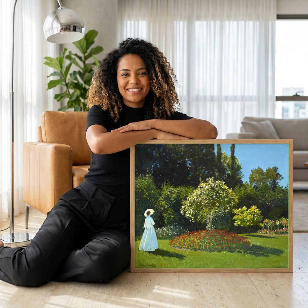 Quadro Decorativo A Mulher do Guarda-chuva - Claude Monet | modelo apresentando o quadro emoldurado