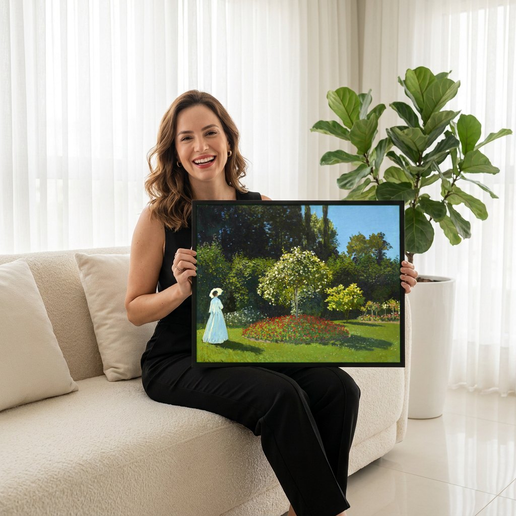 Quadro Decorativo A Mulher do Guarda-chuva - Claude Monet | modelo apresentando o quadro emoldurado