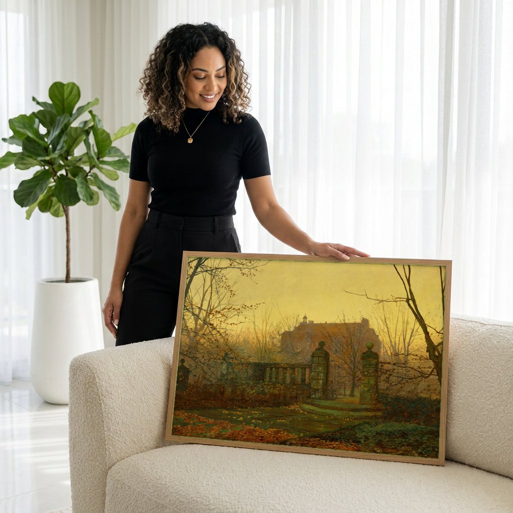 Quadro Decorativo Portão de Mansão no Outono - Grimshaw | modelo apresentando o quadro emoldurado