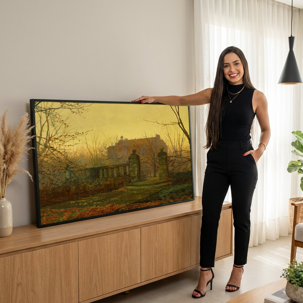 Quadro Decorativo Portão de Mansão no Outono - Grimshaw | modelo apresentando o quadro emoldurado