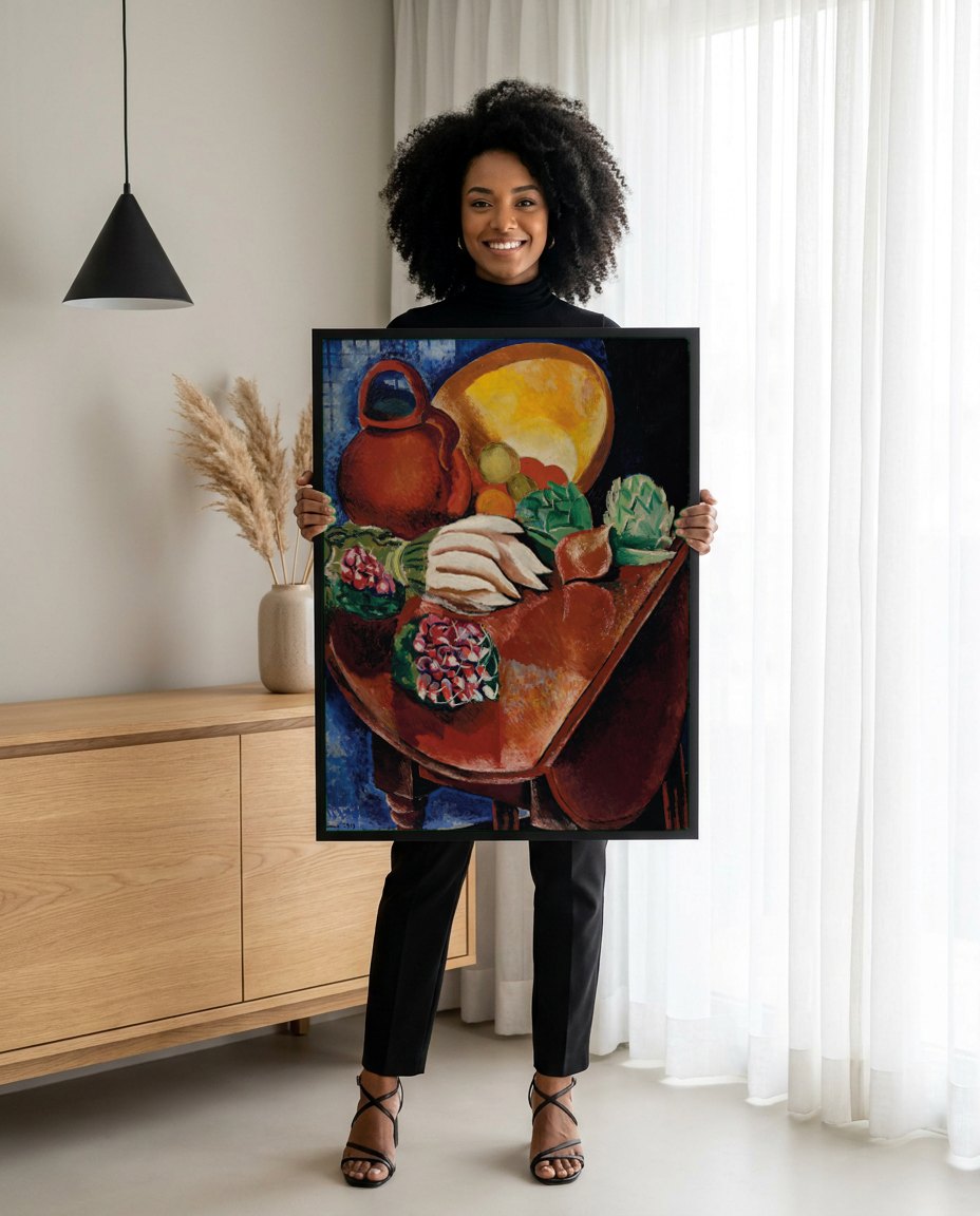 Quadro Decorativo Natureza-Morta com Frutas e Jarro - Moïse Kisling | modelo apresentando o quadro emoldurado