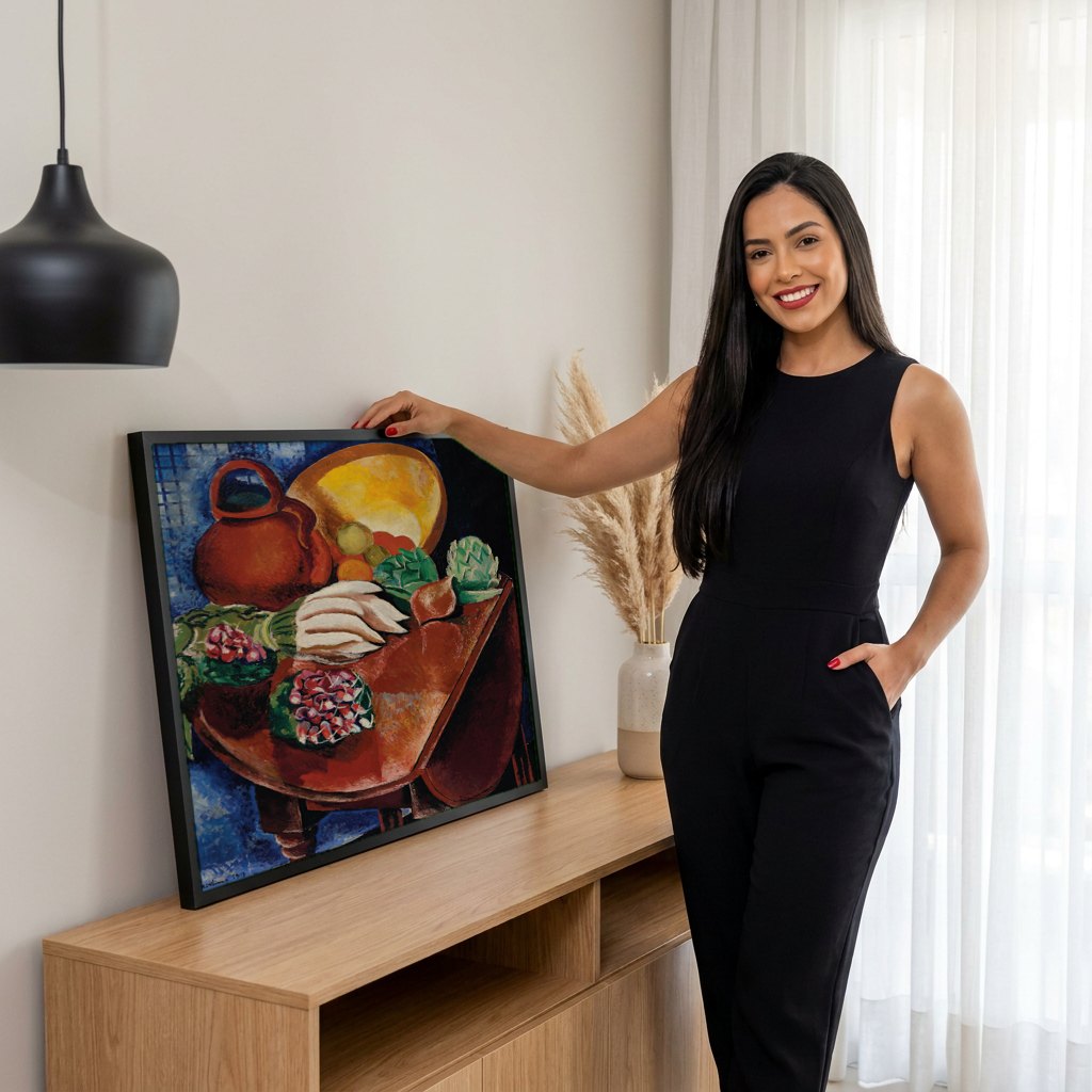 Quadro Decorativo Natureza-Morta com Frutas e Jarro - Moïse Kisling | modelo apresentando o quadro emoldurado