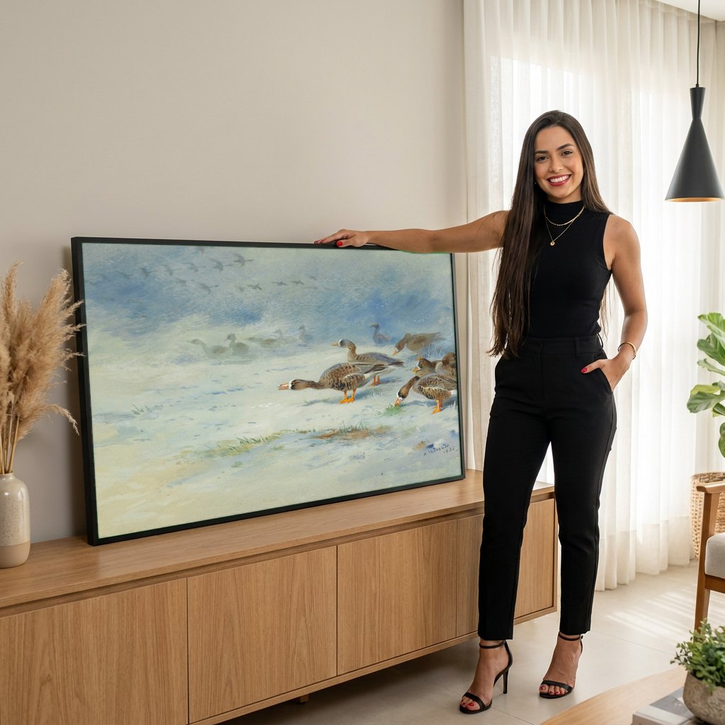 Quadro Decorativo Aves de Inverno - Thorburn | modelo apresentando o quadro emoldurado