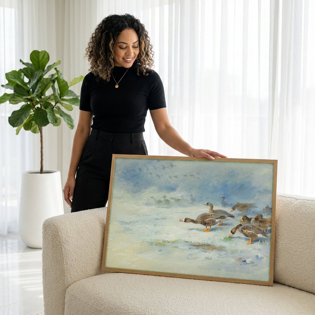 Quadro Decorativo Aves de Inverno - Thorburn | modelo apresentando o quadro emoldurado