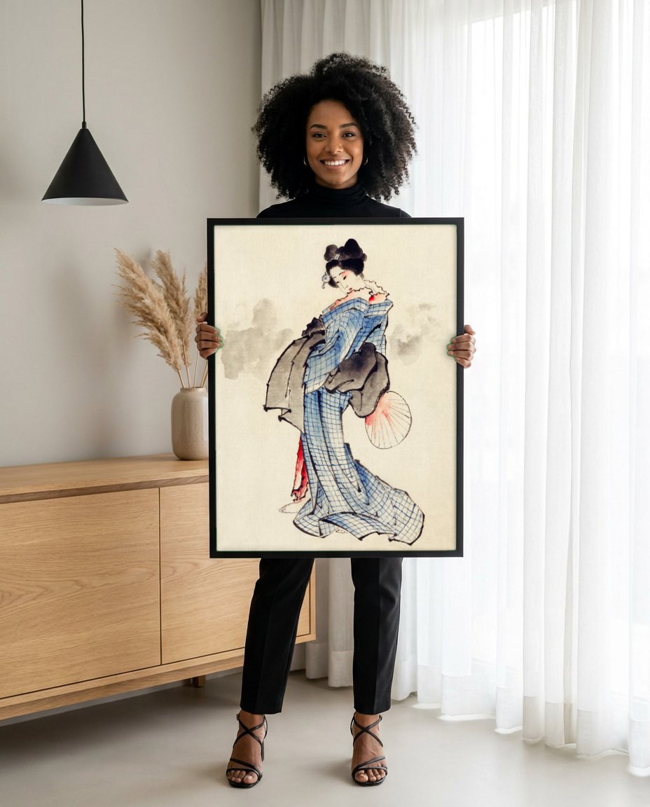 Quadro Decorativo A Gueixa Elegante - Hokusai | modelo apresentando o quadro emoldurado