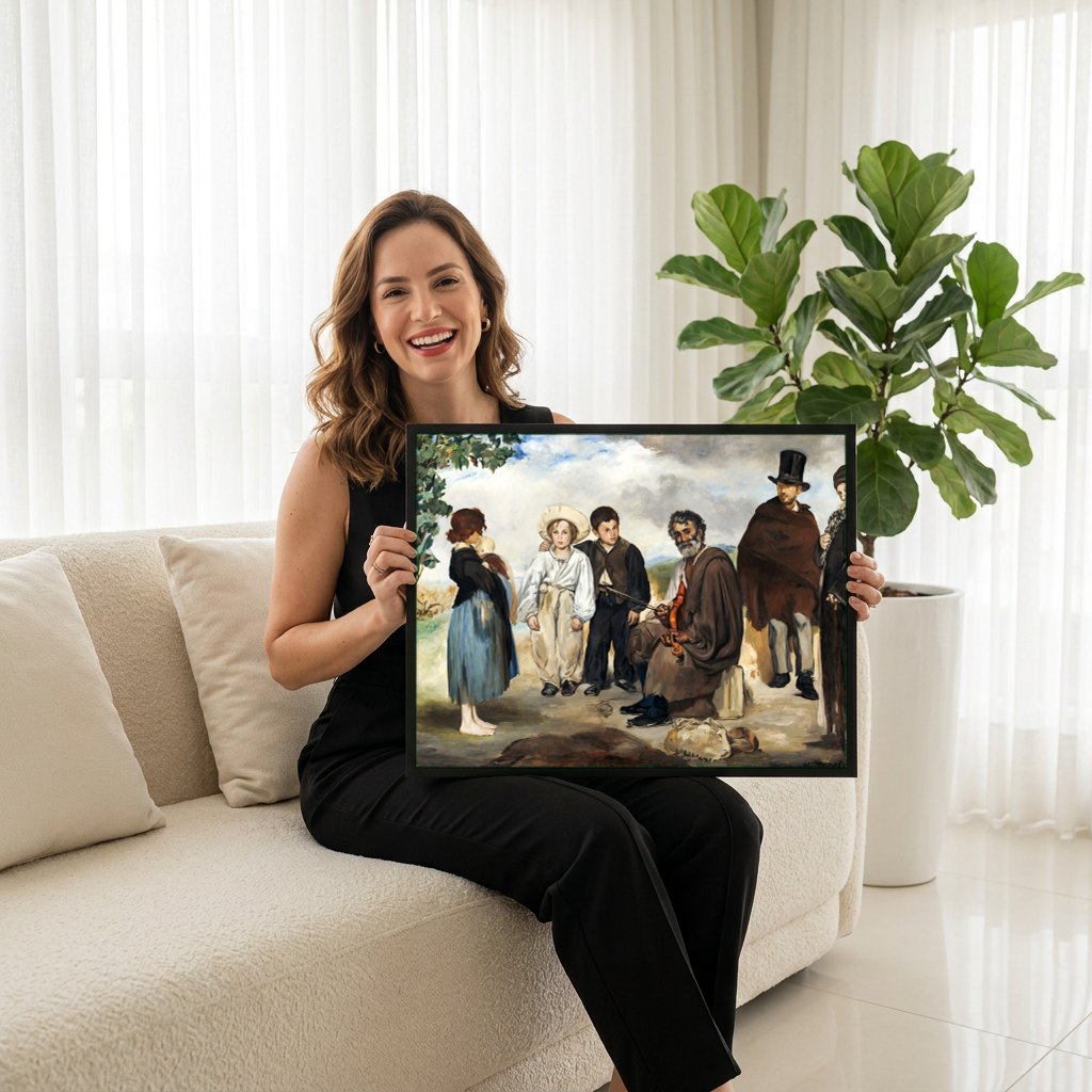 Quadro Decorativo Os Velhos Músicos - Edouard Manet | modelo apresentando o quadro emoldurado