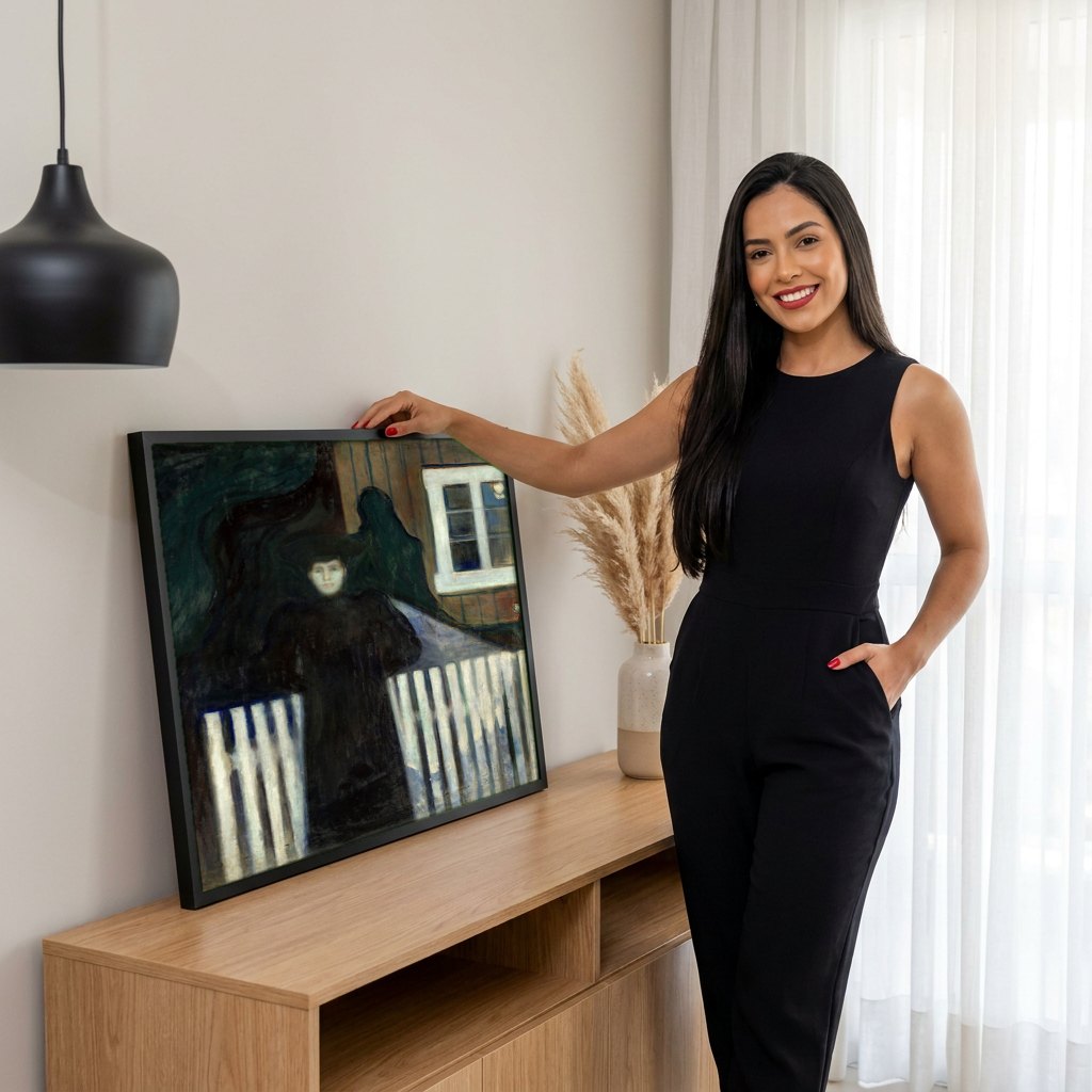 Quadro Decorativo A Dama Negra - Edvard Munch | modelo apresentando o quadro emoldurado
