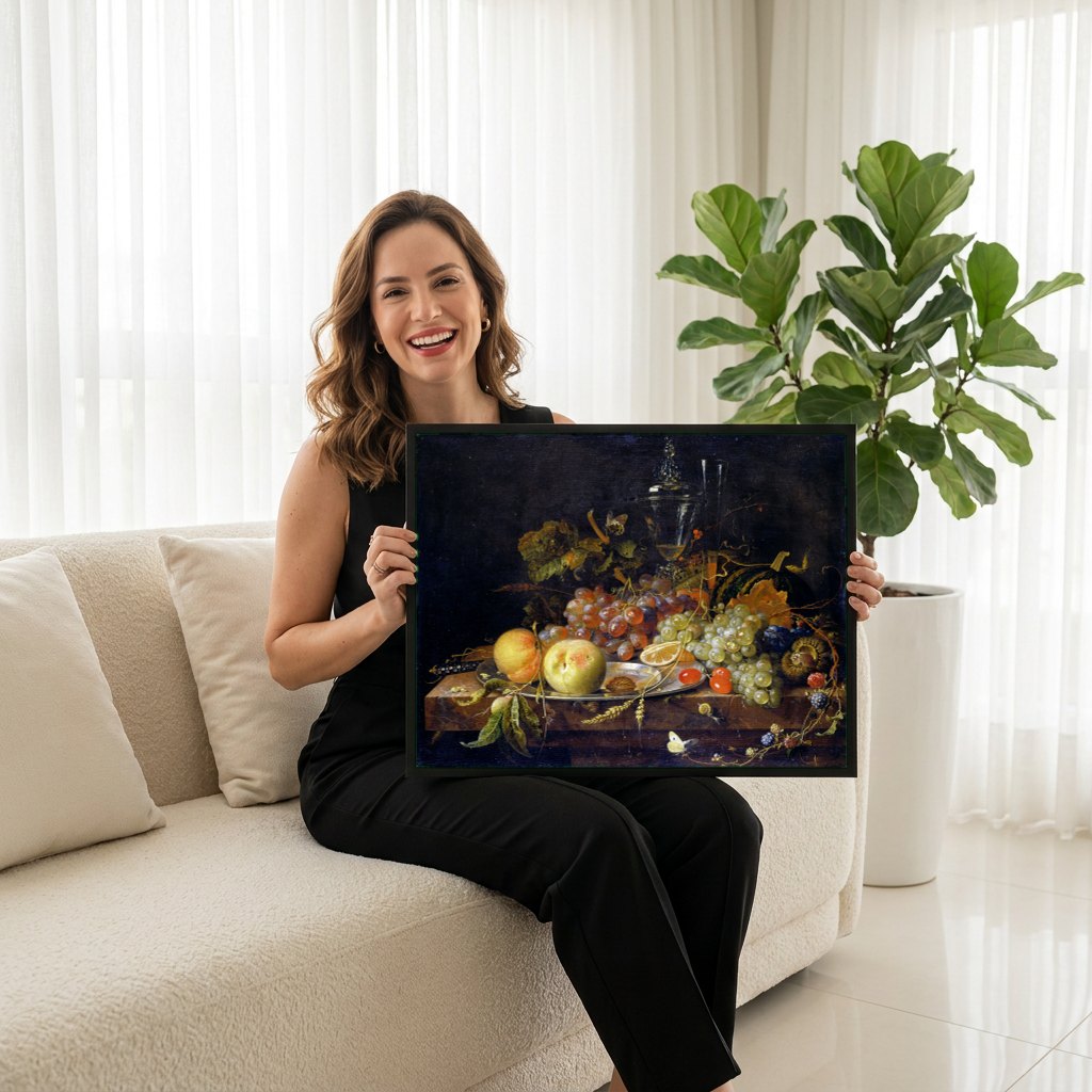 Quadro Decorativo Natureza-Morta com Frutas - Abraham Mignon | modelo apresentando o quadro emoldurado