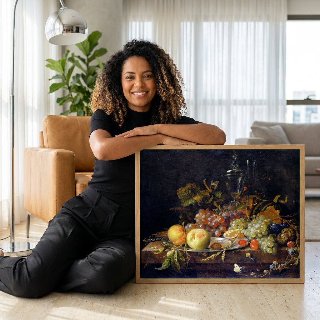 Quadro Decorativo Natureza-Morta com Frutas - Abraham Mignon | modelo apresentando o quadro emoldurado