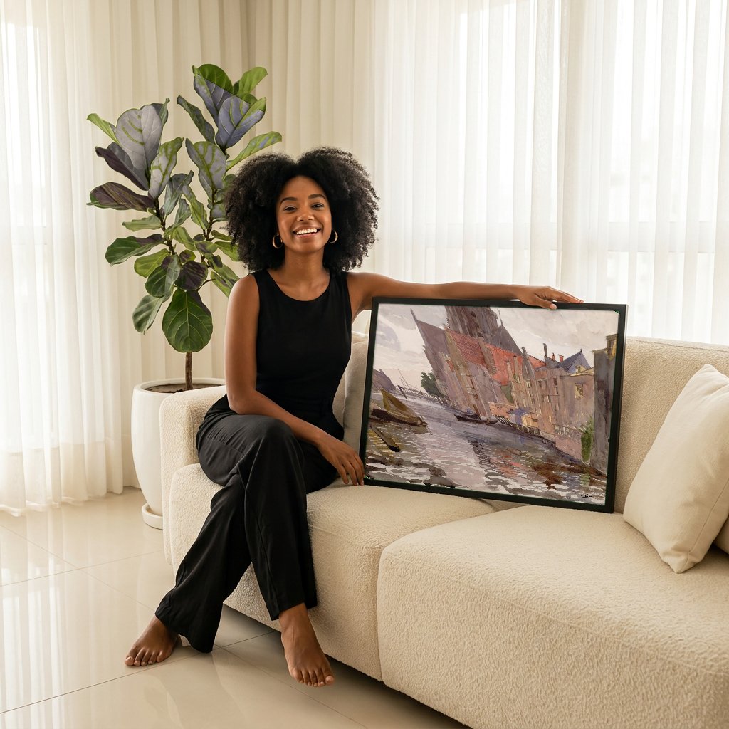 Quadro Decorativo Canal Urbano Europeu - Oskar Laske com modelo em ambiente
