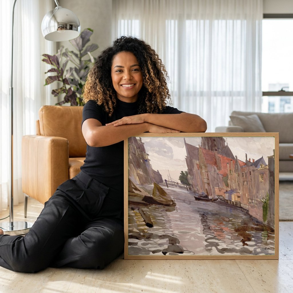 Quadro Decorativo Canal Urbano Europeu - Oskar Laske com modelo em ambiente