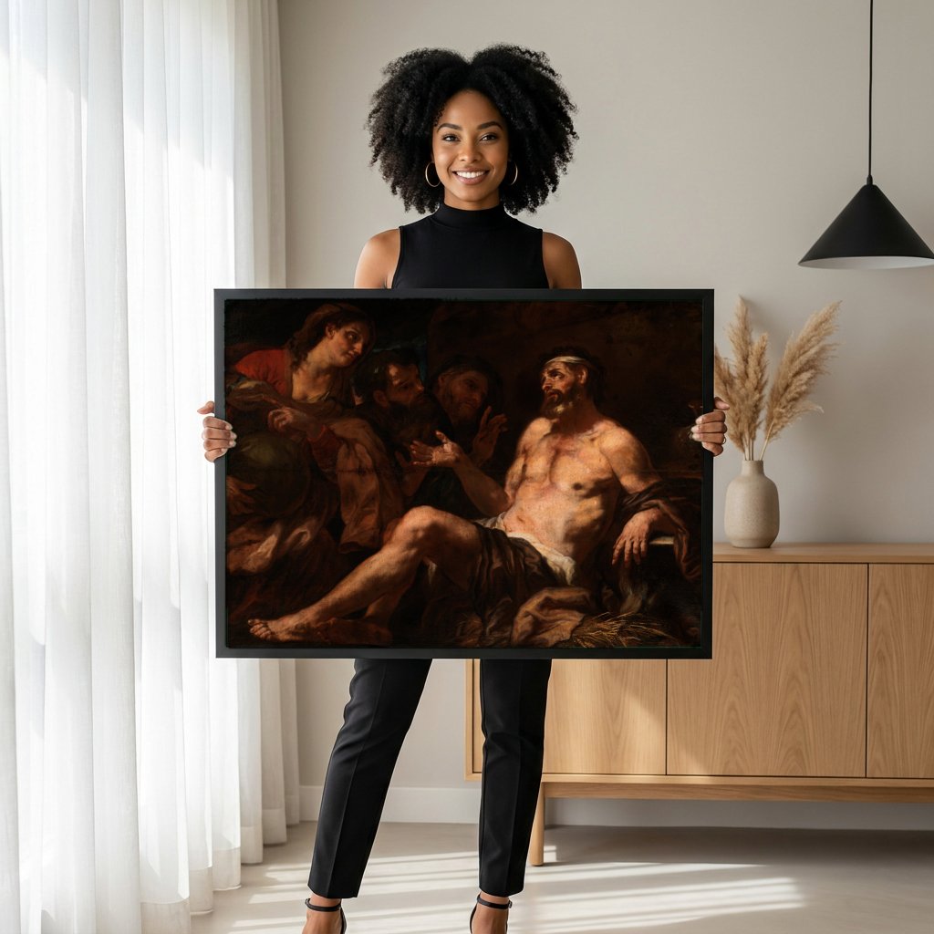 Quadro Decorativo A História de Jó - Luca Giordano com modelo em ambiente