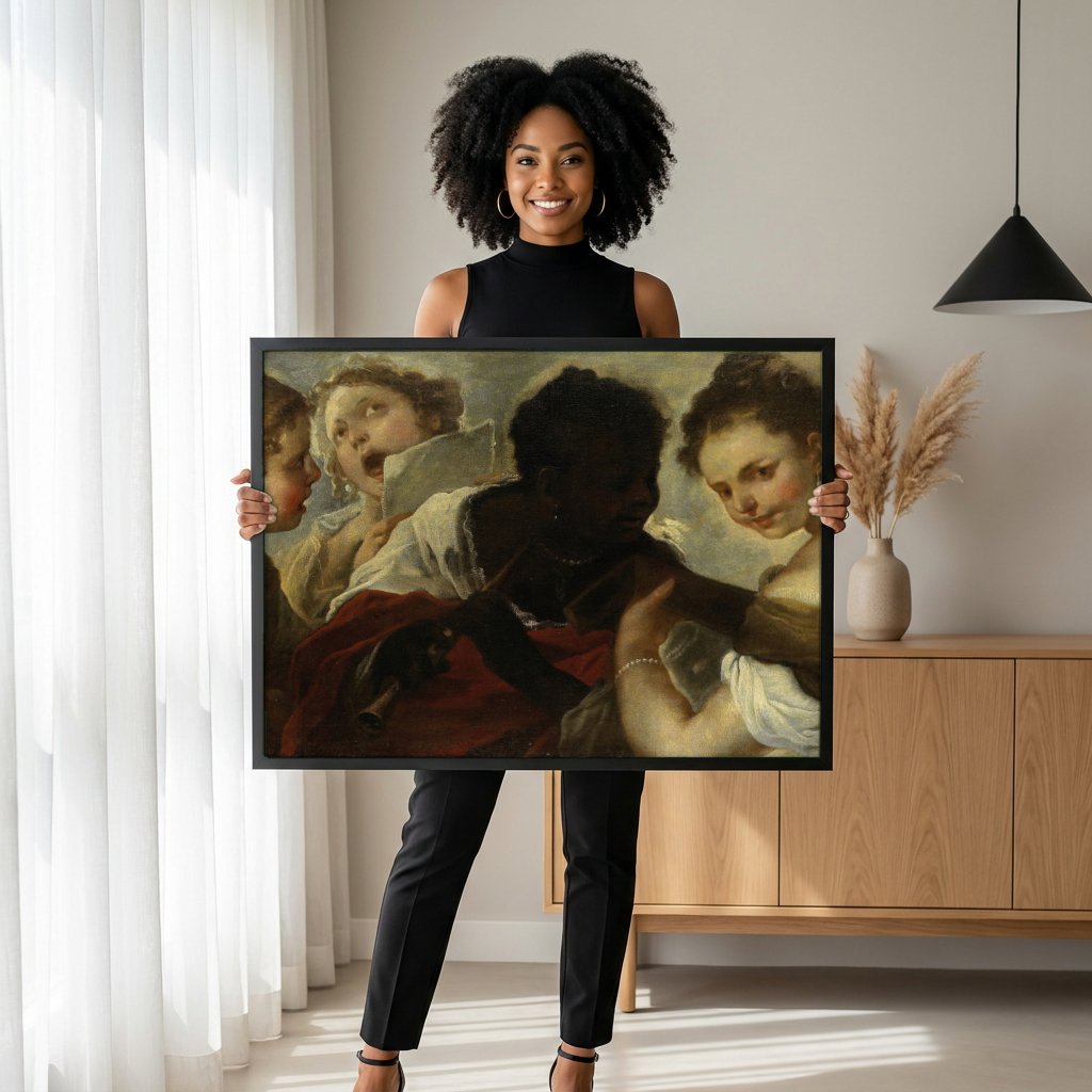 Quadro Decorativo A Lição de Música - Luca Giordano com modelo em ambiente