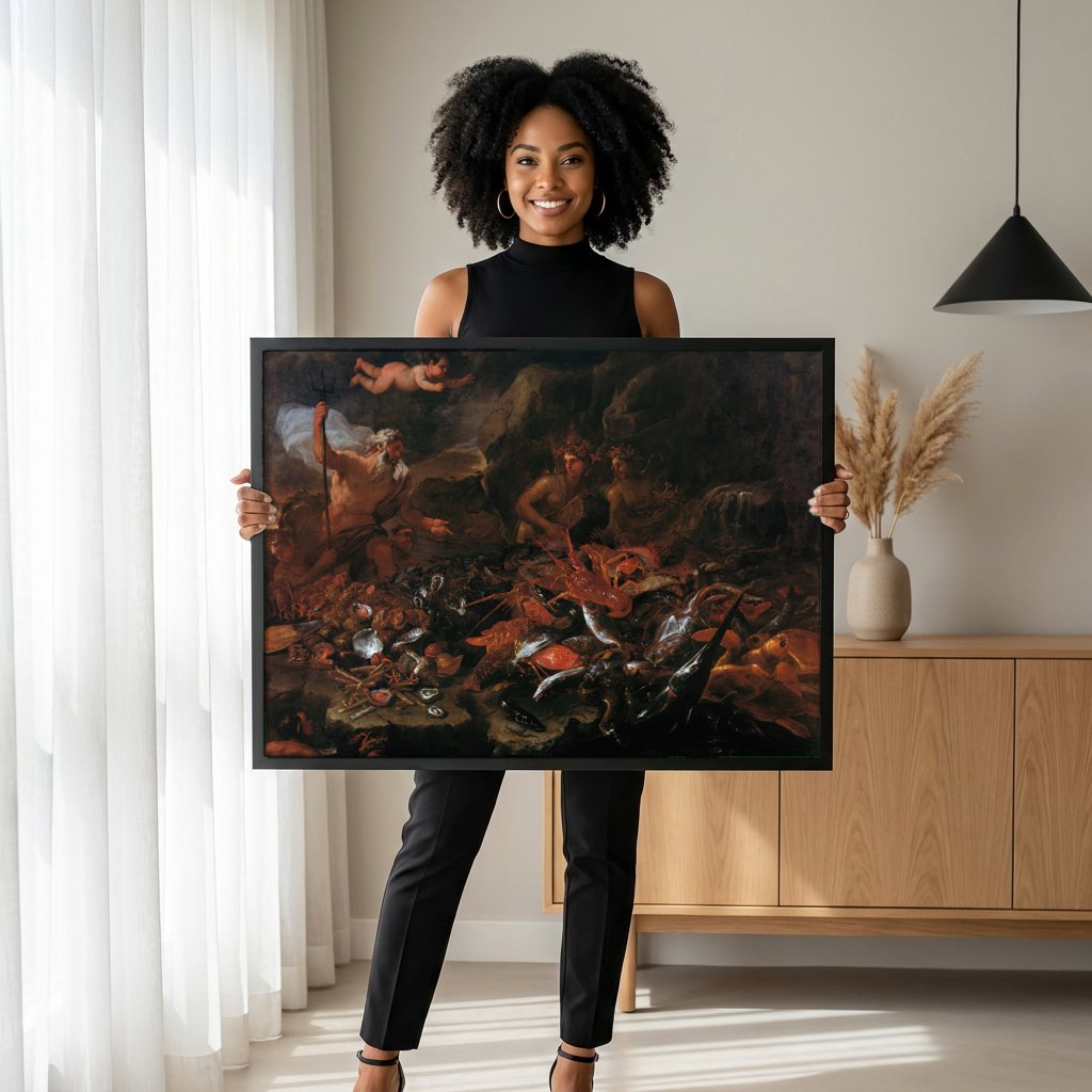 Quadro Decorativo O Reino de Netuno - Luca Giordano com modelo em ambiente