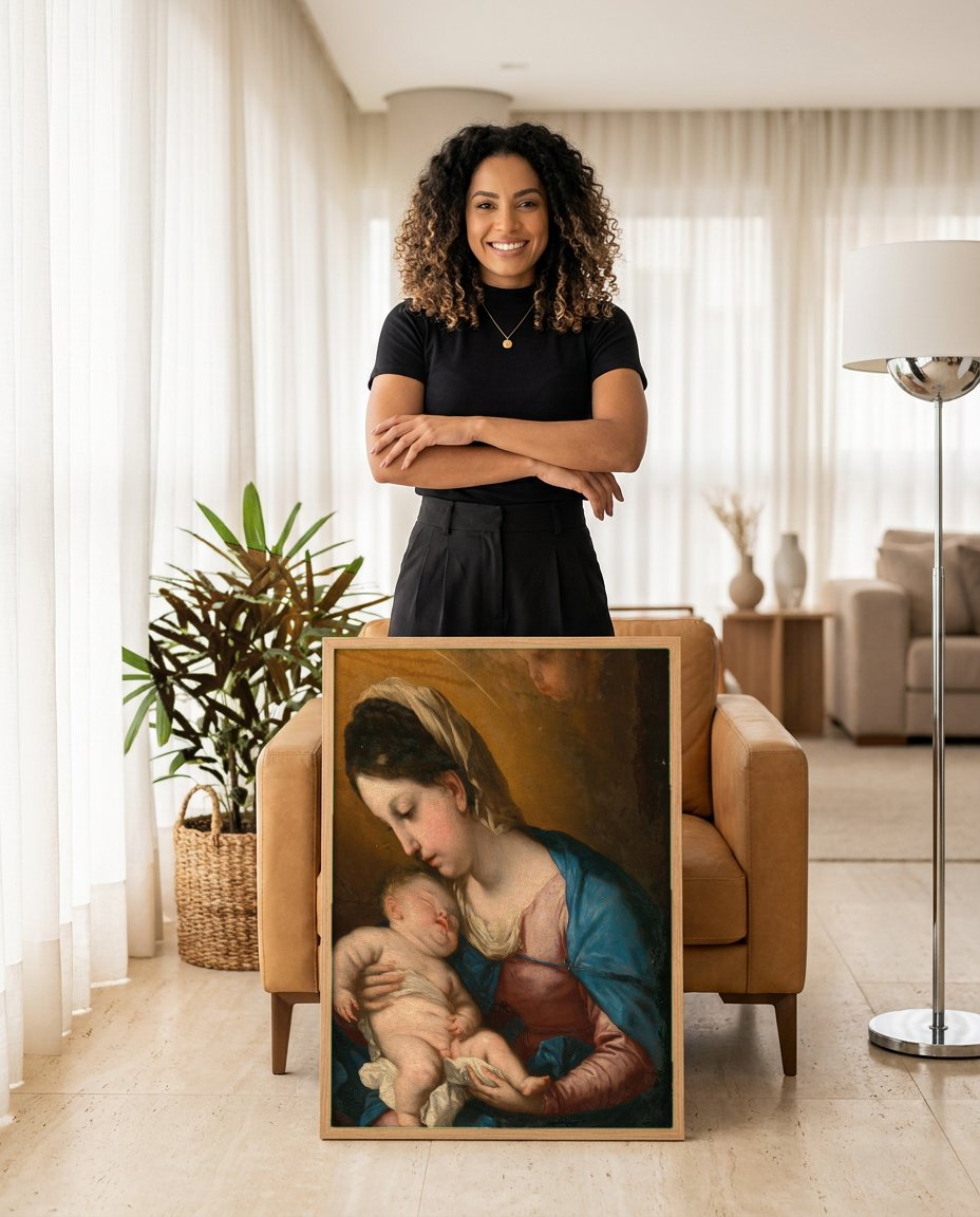 Quadro Decorativo Madona e o Menino - Luca Giordano com modelo em ambiente
