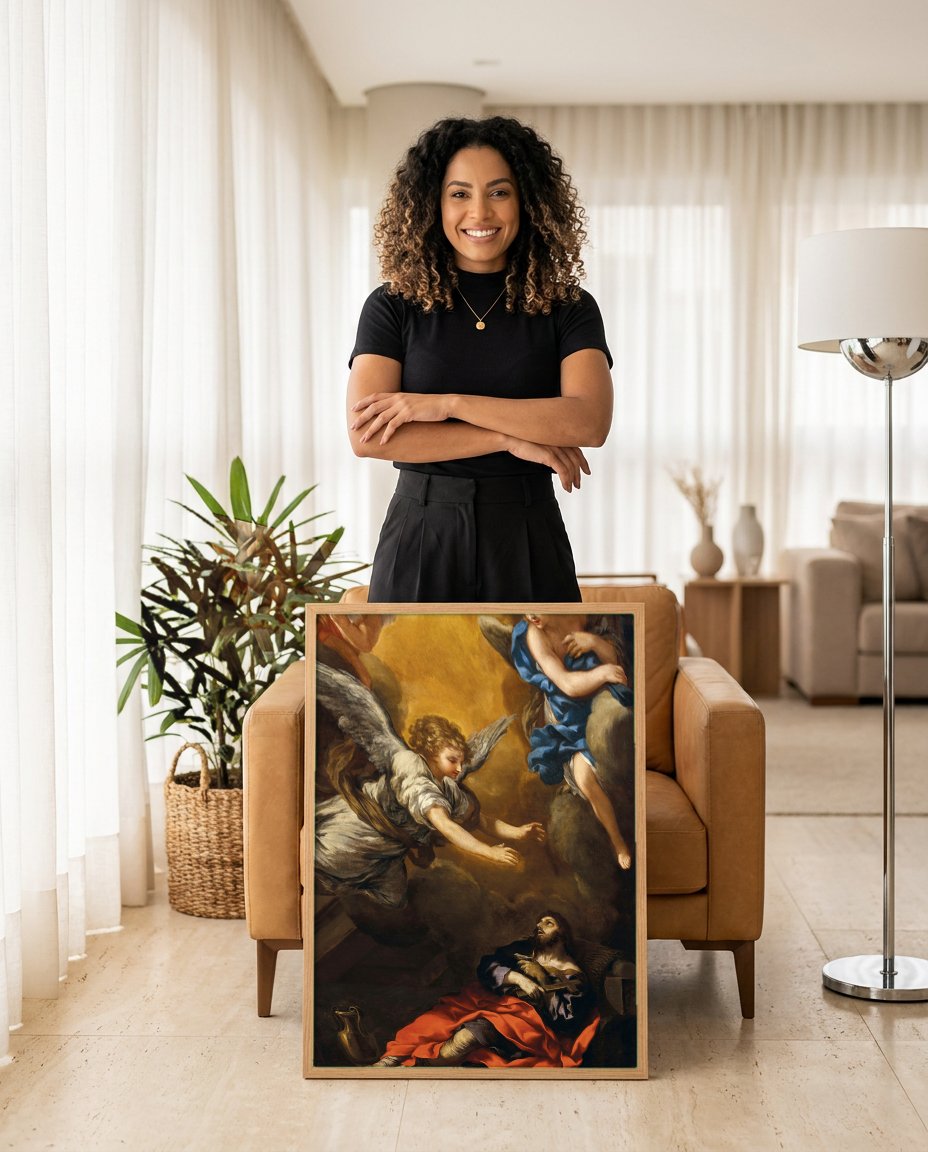Quadro Decorativo A Escada de Jacó - Luca Giordano com modelo em ambiente
