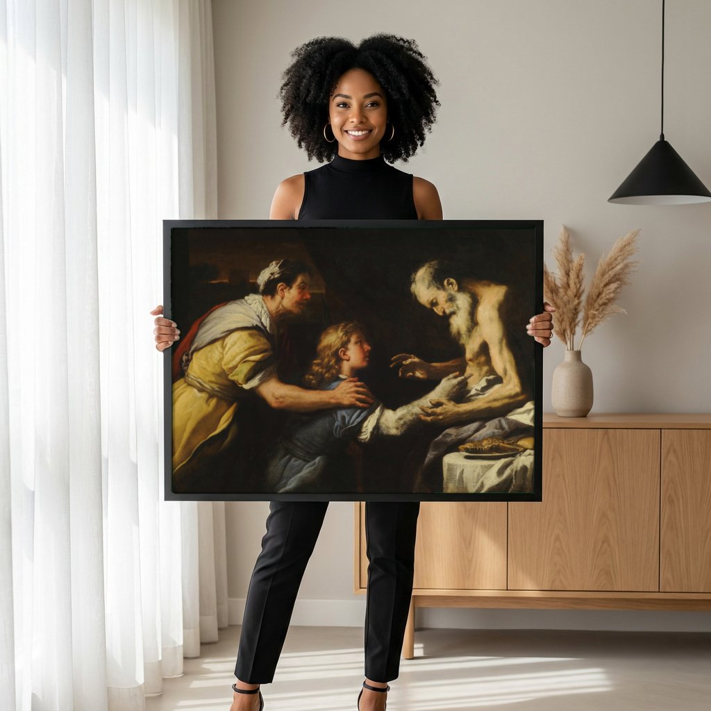 Quadro Decorativo A Bênção de Jacó - Luca Giordano com modelo em ambiente