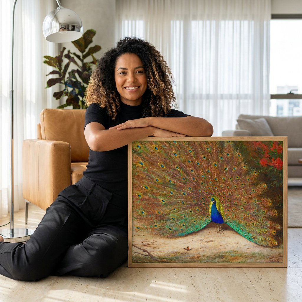 Quadro Decorativo Pavão Exibindo a Cauda - Archibald Thorburn com modelo em ambiente
