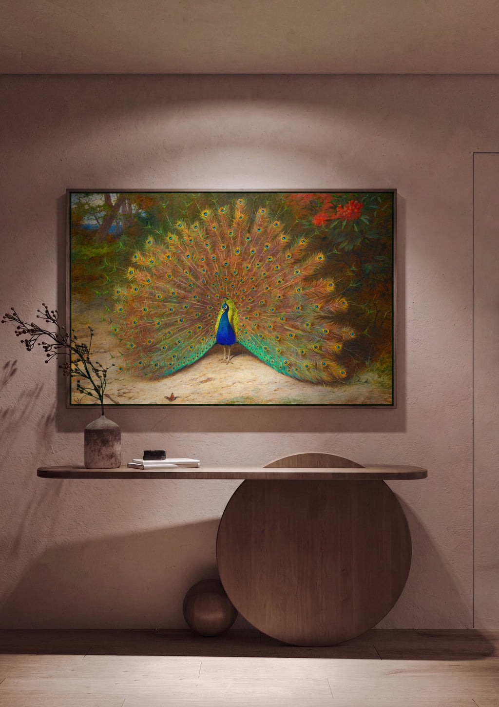 Quadro Decorativo Pavão Exibindo a Cauda - Archibald Thorburn em ambiente decorado