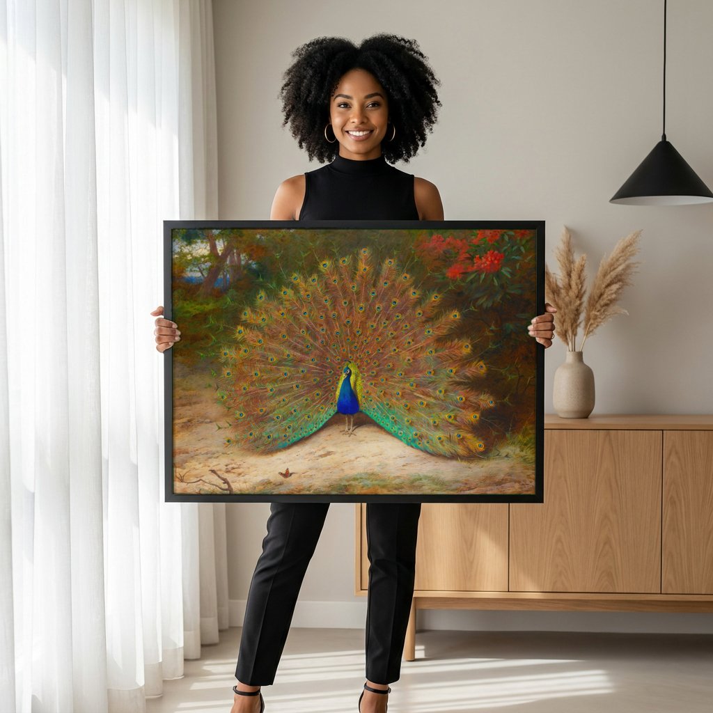 Quadro Decorativo Pavão Exibindo a Cauda - Archibald Thorburn com modelo em ambiente