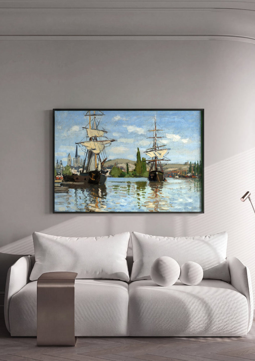 Quadro Decorativo Navios no Porto - Claude Monet em ambiente decorado