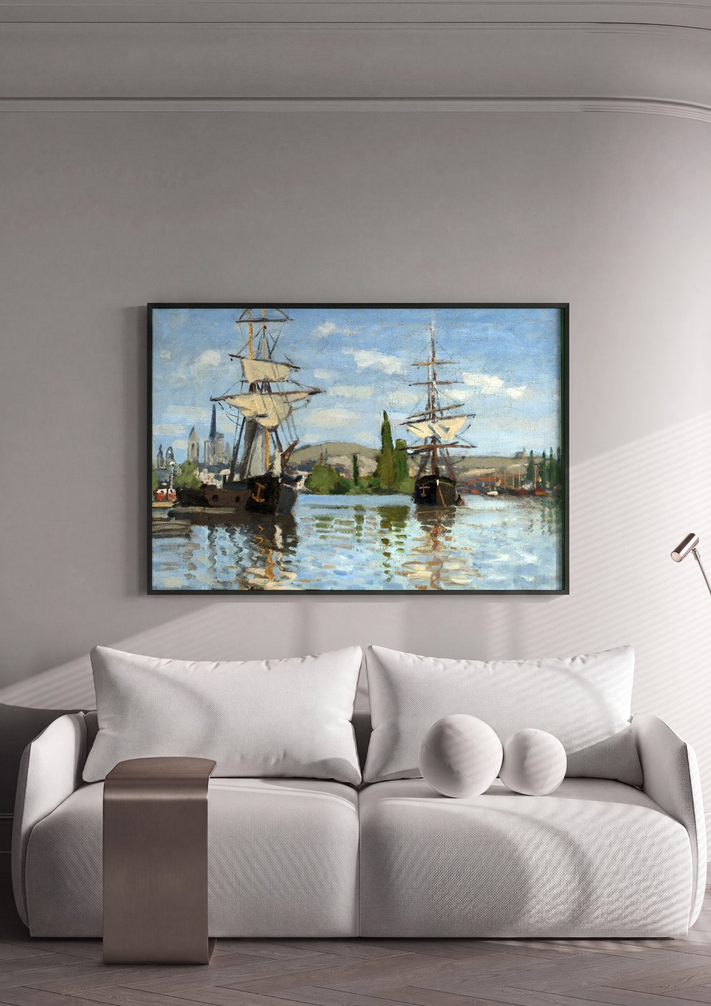Quadro Decorativo Navios no Porto - Claude Monet em ambiente decorado