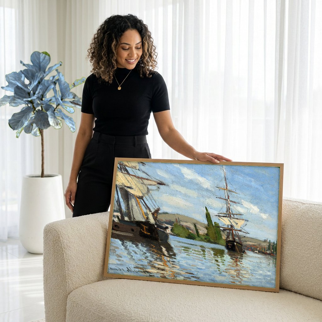 Quadro Decorativo Navios no Porto - Claude Monet com modelo em ambiente