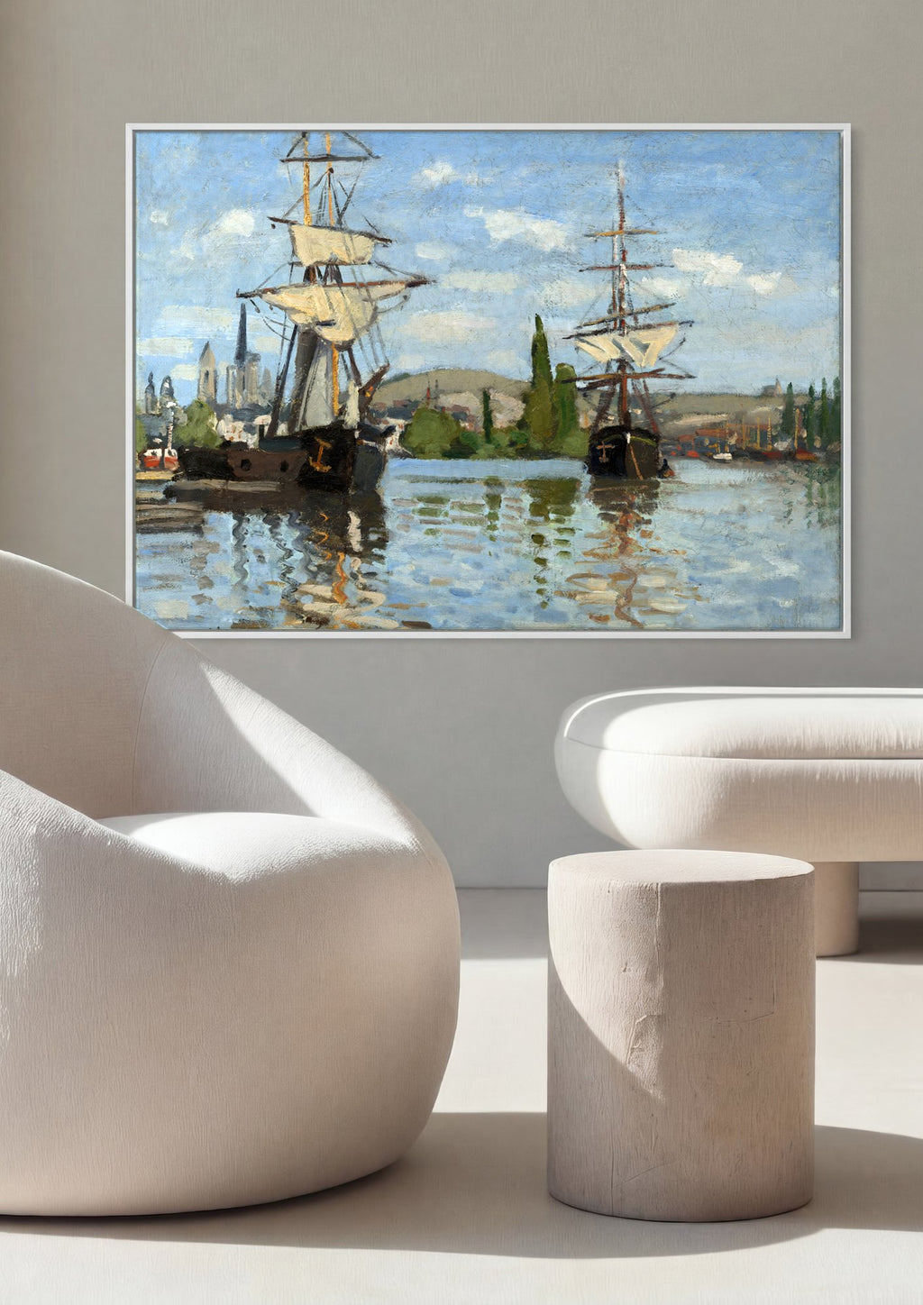 Quadro Decorativo Navios no Porto - Claude Monet em ambiente decorado