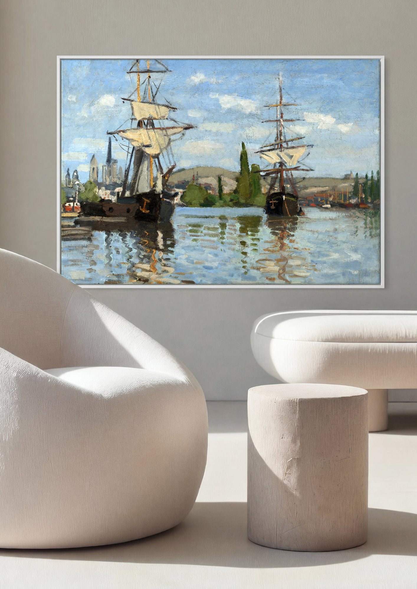Quadro Decorativo Navios no Porto - Claude Monet em ambiente decorado
