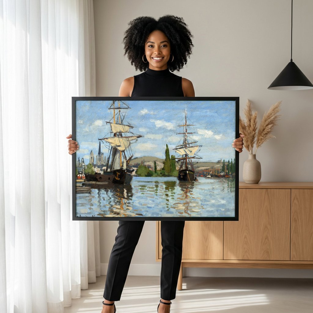 Quadro Decorativo Navios no Porto - Claude Monet com modelo em ambiente