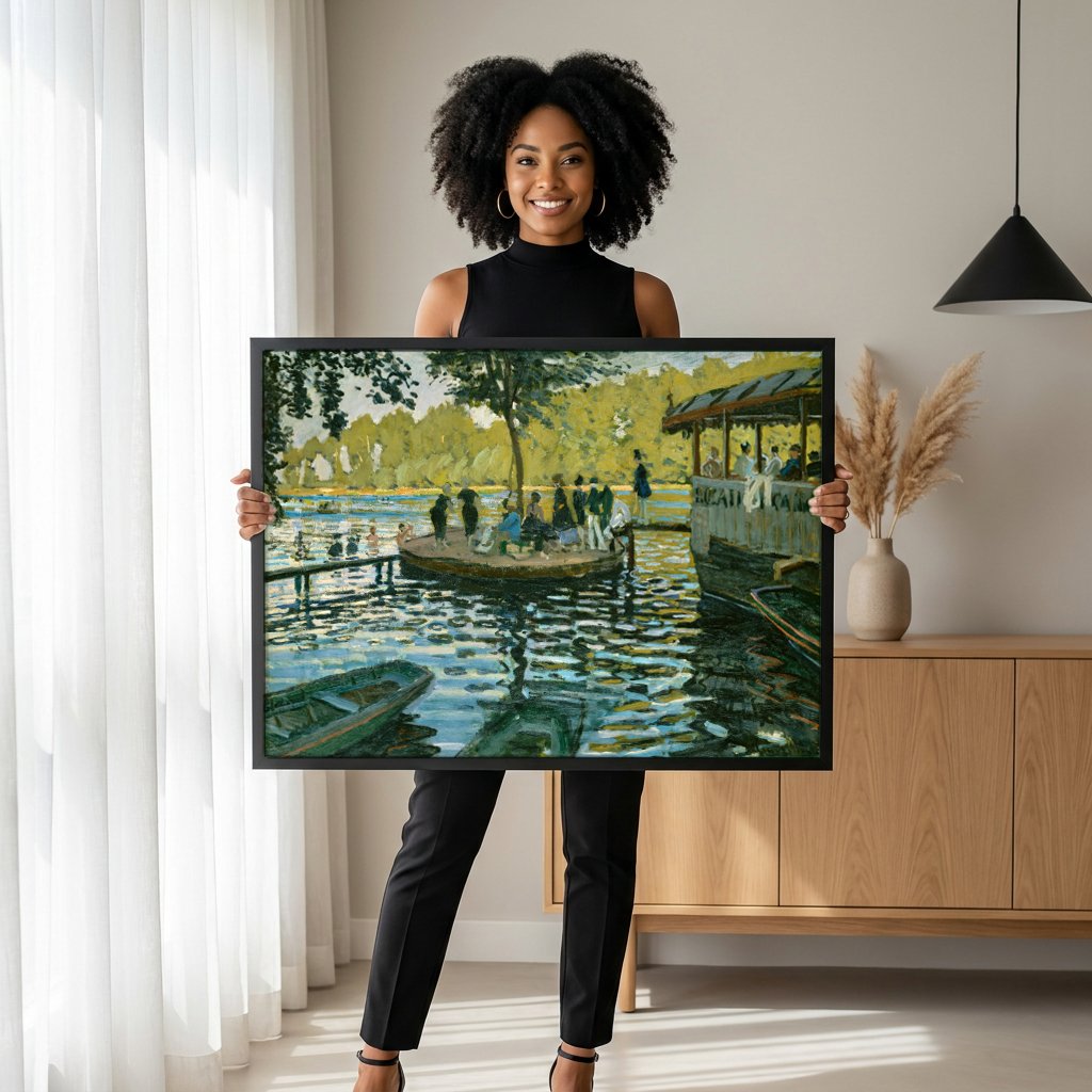 Quadro Decorativo La Grenouillère - Claude Monet com modelo em ambiente