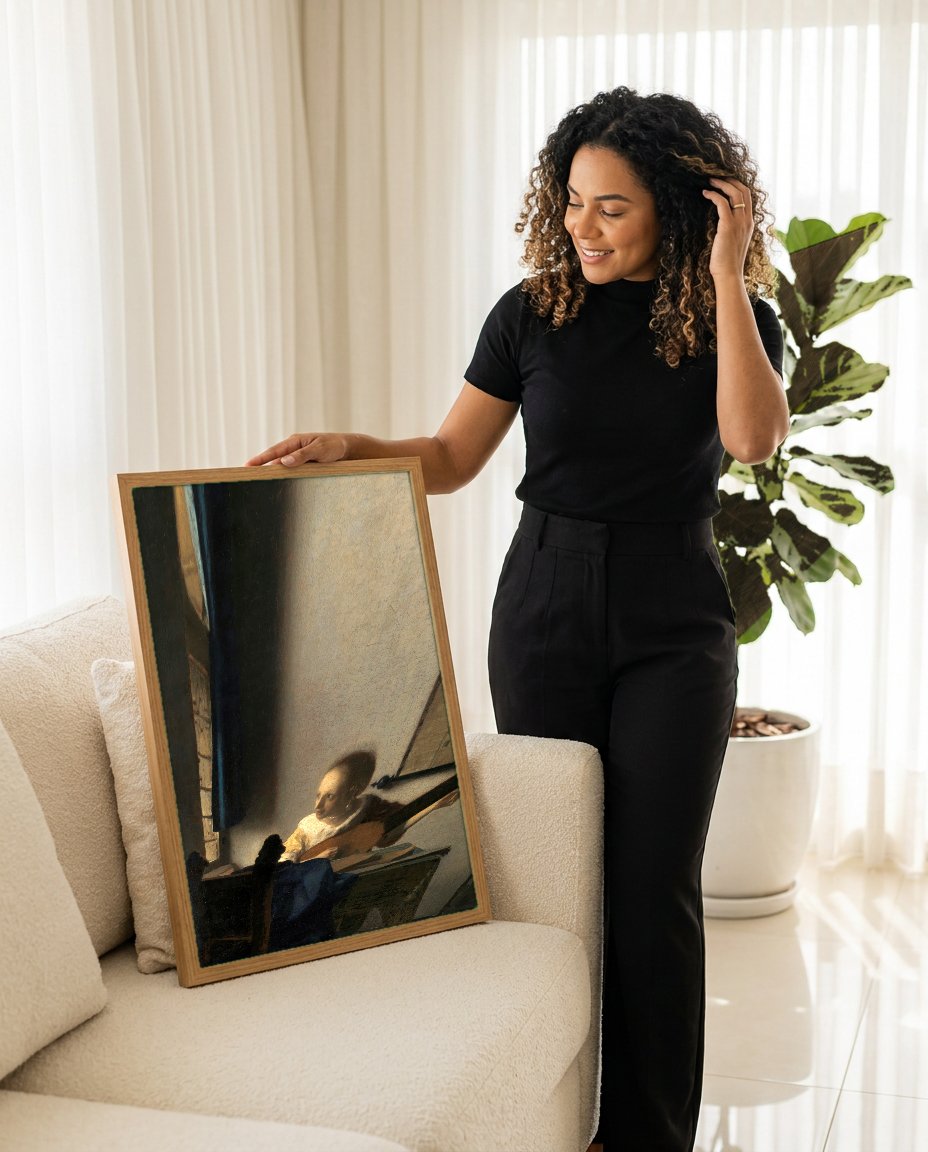 Quadro Decorativo A Mulher com o Alaúde - Vermeer com modelo em ambiente