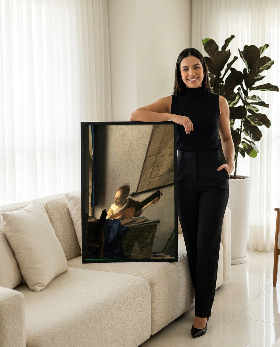 Quadro Decorativo A Mulher com o Alaúde - Vermeer com modelo em ambiente