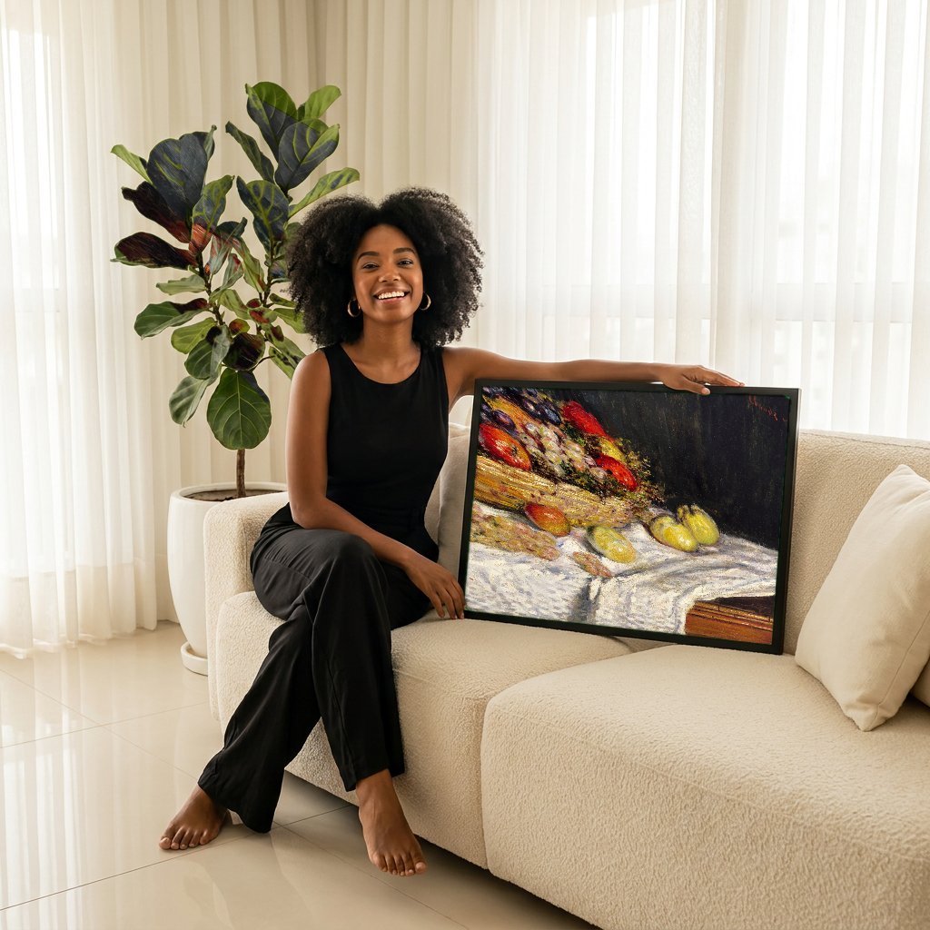 Quadro Decorativo Cesta de Frutas - Claude Monet com modelo em ambiente