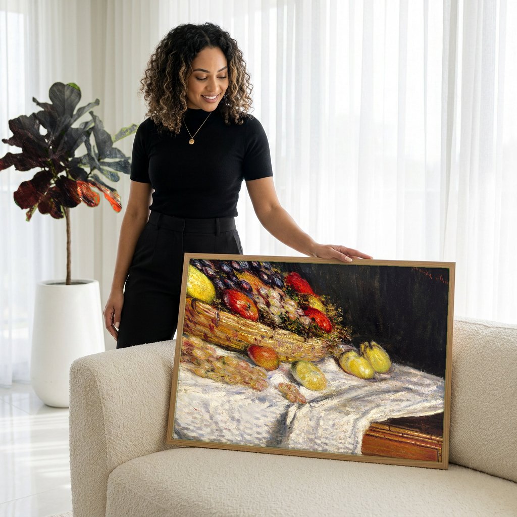Quadro Decorativo Cesta de Frutas - Claude Monet com modelo em ambiente