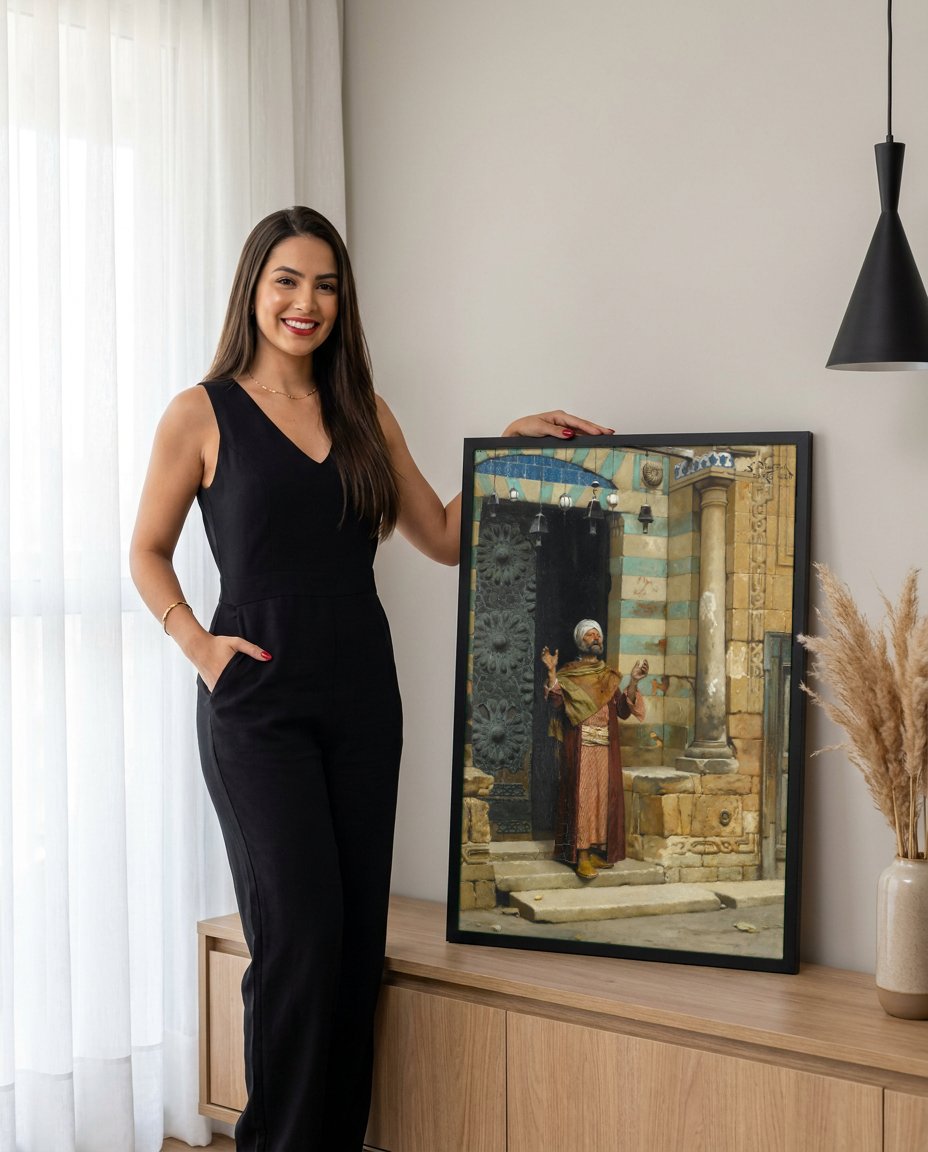 Quadro Decorativo O Homem em Oração - Ludwig Deutsch com modelo em ambiente