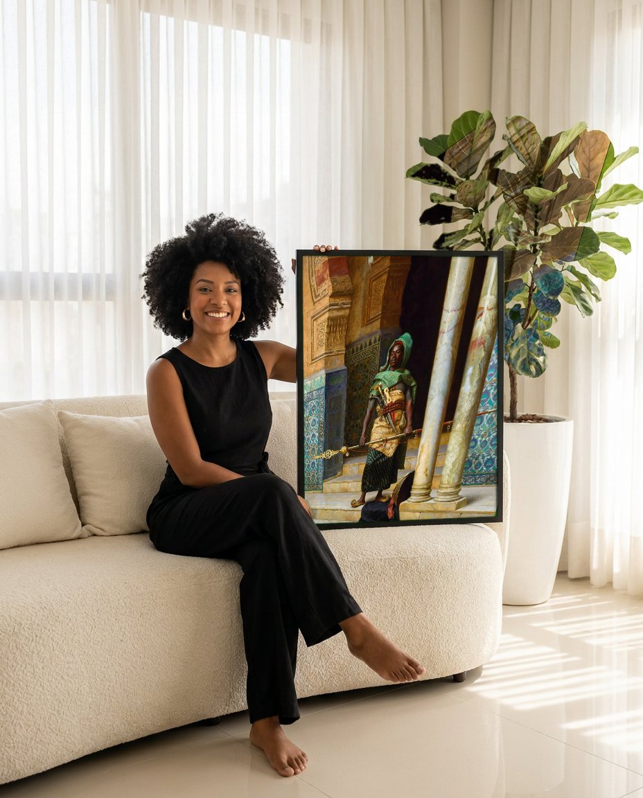 Quadro Decorativo O Guarda do Harém - Ludwig Deutsch com modelo em ambiente