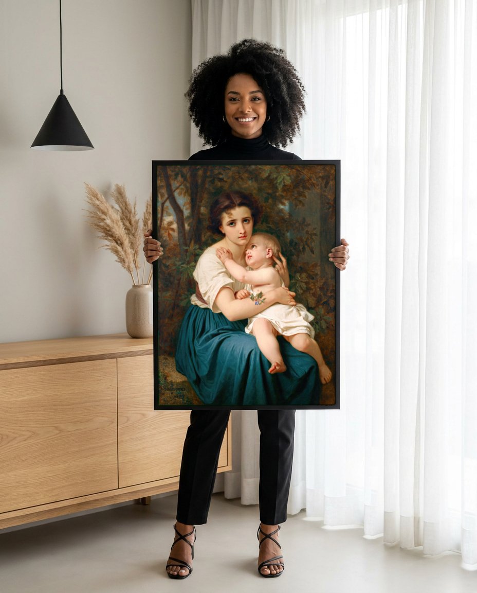 Quadro Decorativo A Mãe e o Filho - Hugues Merle com modelo em ambiente