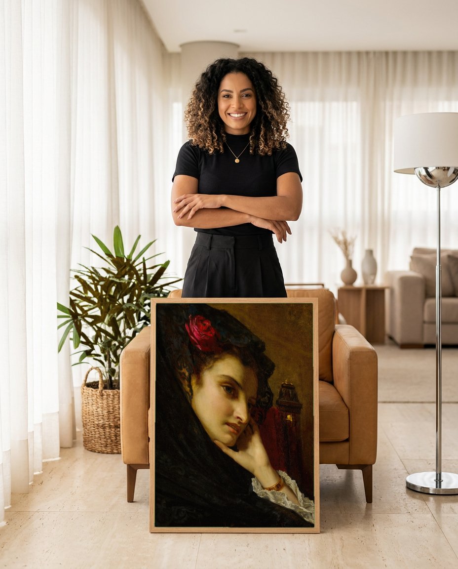 Quadro Decorativo A Contemplação - Hugues Merle com modelo em ambiente