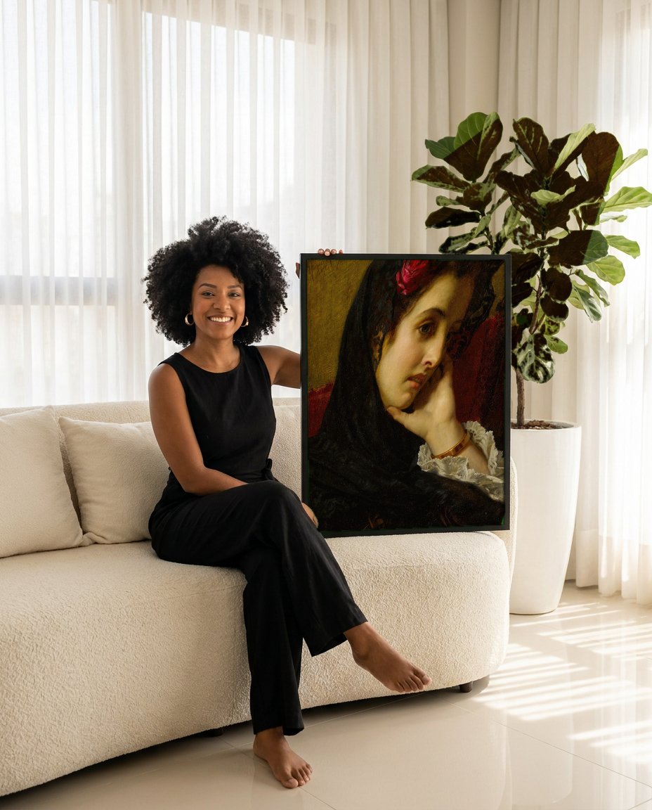 Quadro Decorativo A Contemplação - Hugues Merle com modelo em ambiente