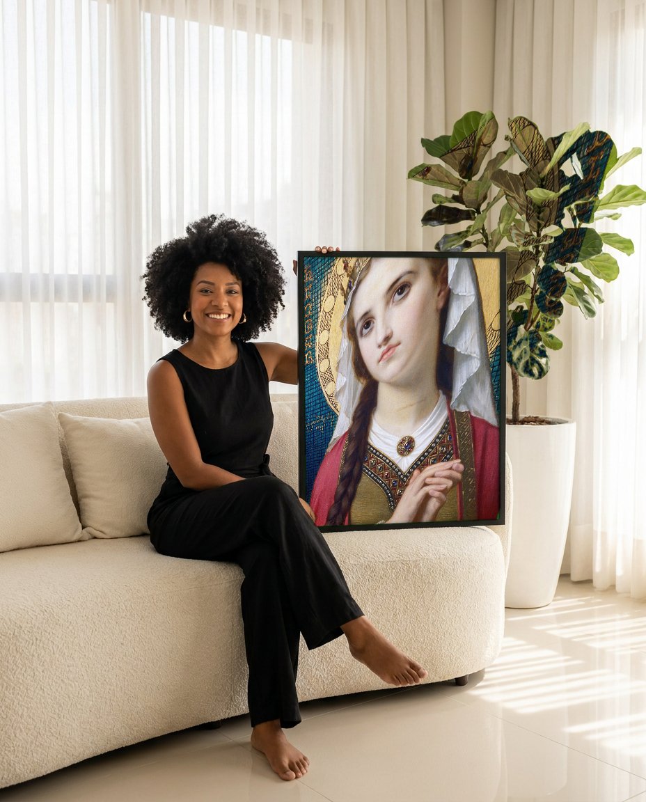 Quadro Decorativo Santa Elisabeth - Hugues Merle com modelo em ambiente