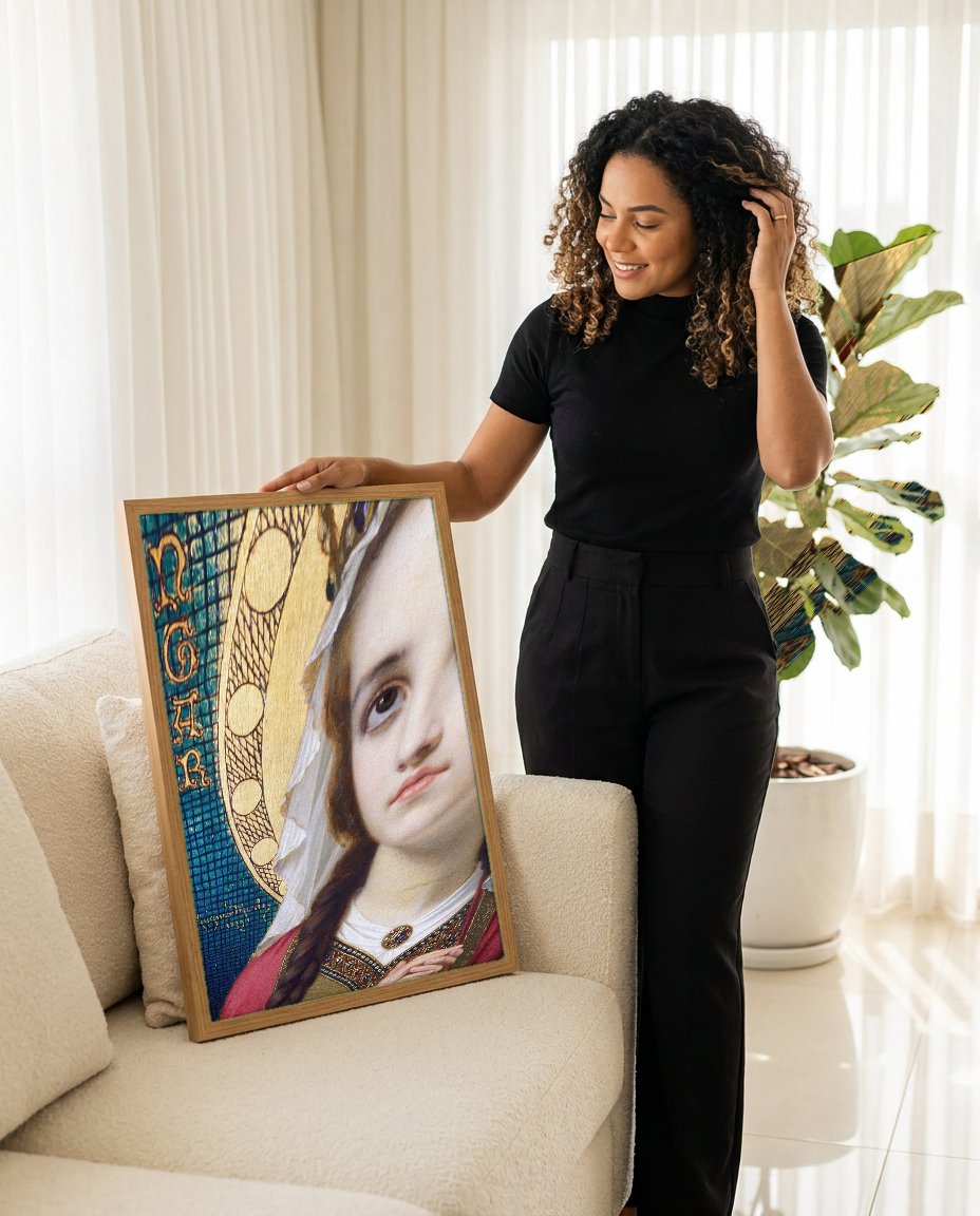 Quadro Decorativo Santa Elisabeth - Hugues Merle com modelo em ambiente