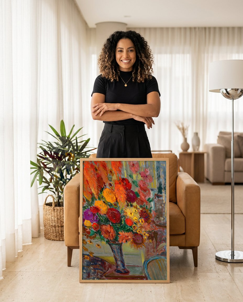 Quadro Decorativo Vaso de Flores - Jacques Émile Blanche com modelo em ambiente