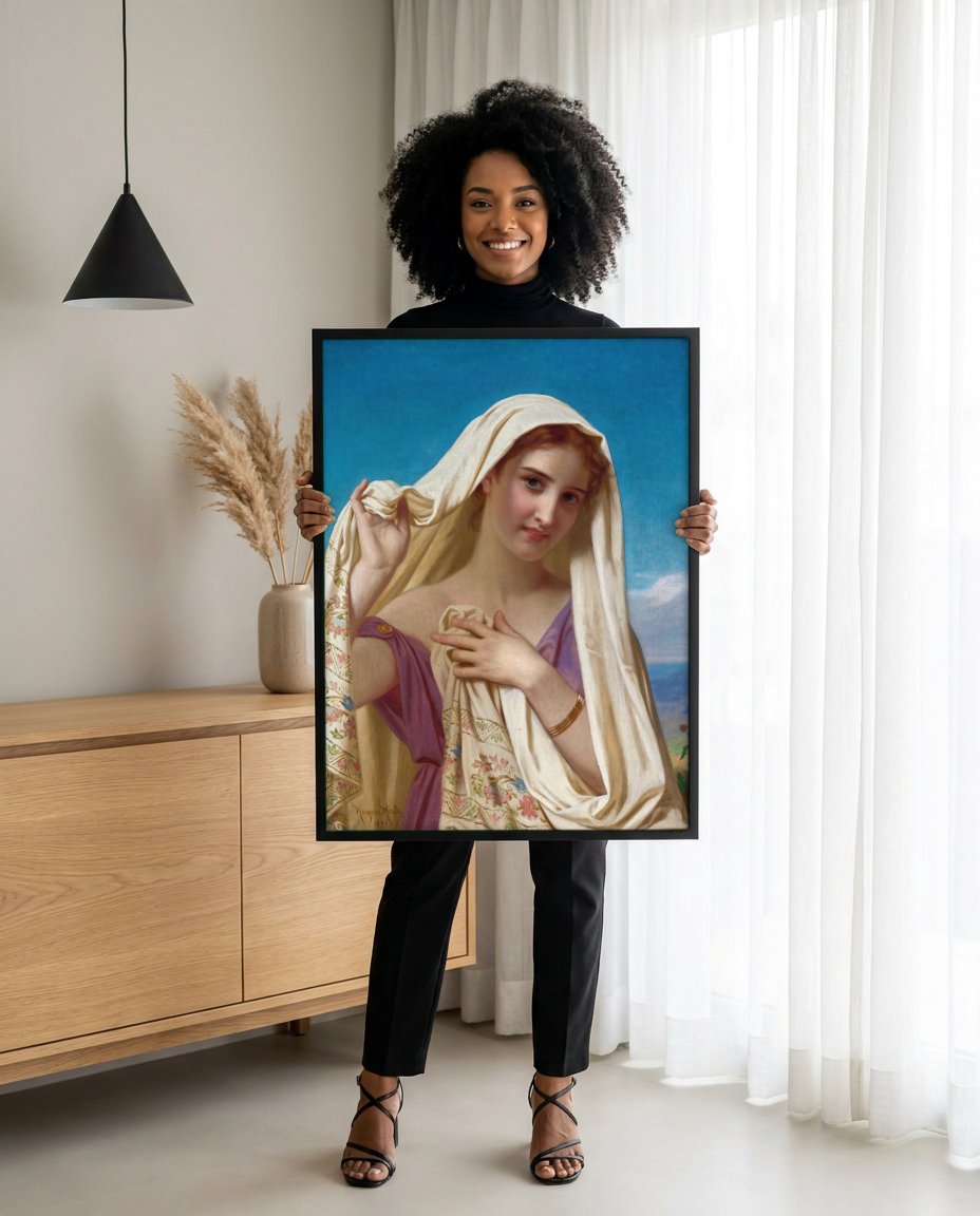 Quadro Decorativo A Jovem Velada - Hugues Merle com modelo em ambiente
