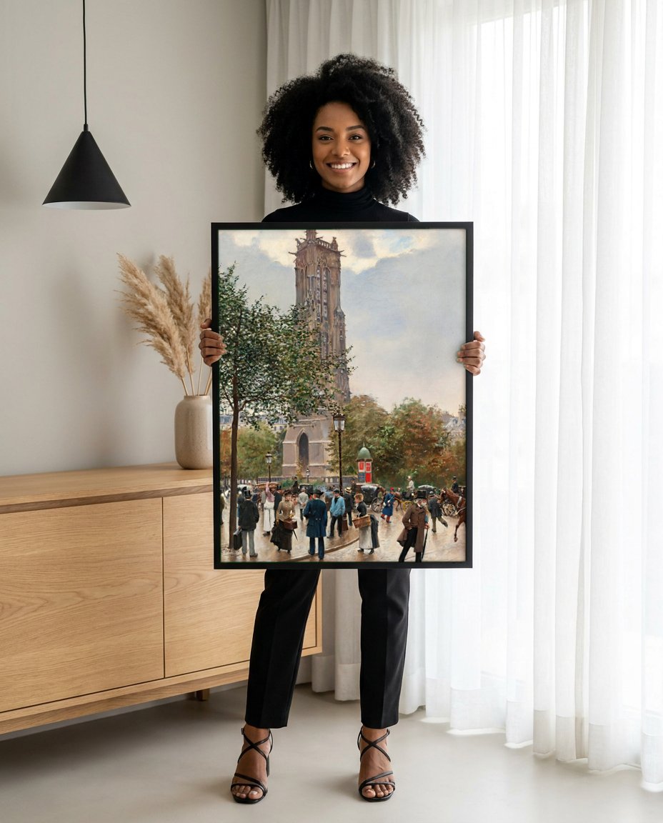 Quadro Decorativo A Torre Saint-Jacques - Jean Béraud com modelo em ambiente