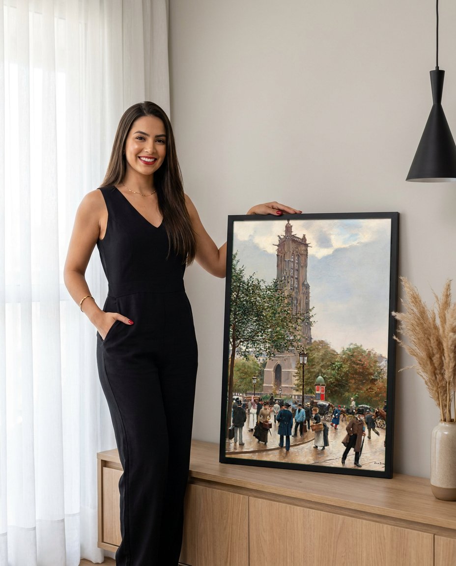Quadro Decorativo A Torre Saint-Jacques - Jean Béraud com modelo em ambiente